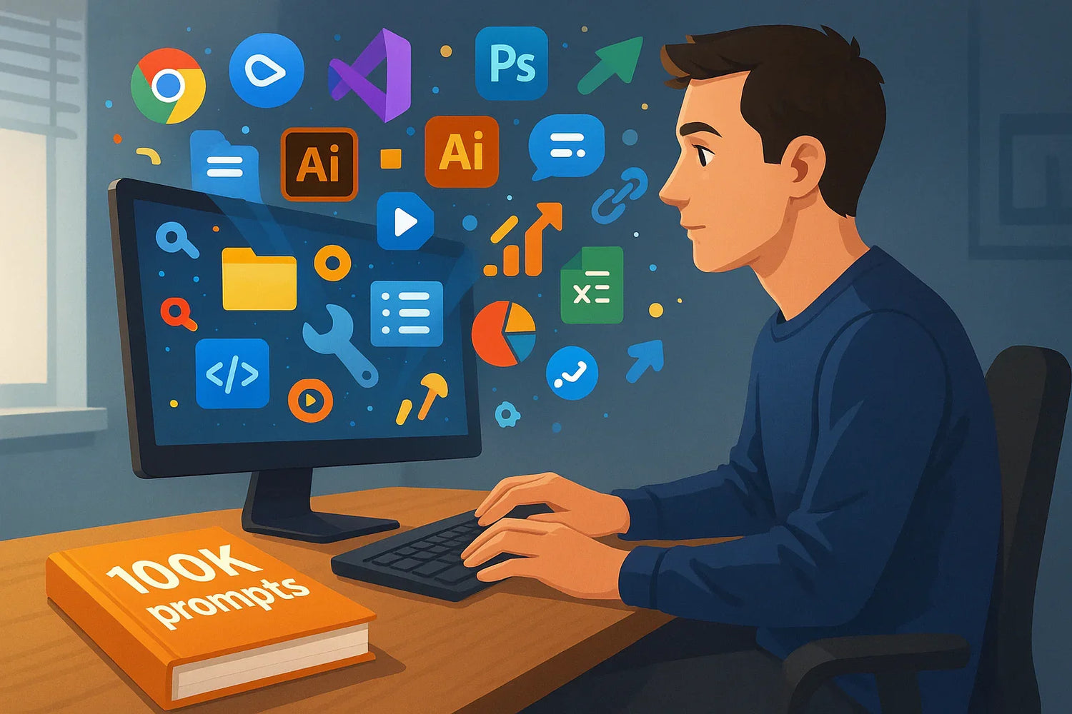 un uomo davanti ad un computer, un libro con scritto 100K prompts sulla scrivania accanto all&